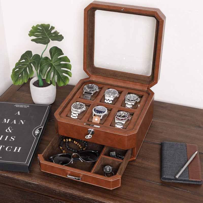 ROTHWELL Gift Set 6 Slot Leather Watch Box with Valet Drawer - Luxury Watch Case Display Organizer, Microsuede Liner, Locking Jewelry Box, Mens Storage Boxes Holder Large Glass Top (Tan/Brown Gift Set) - Image 3